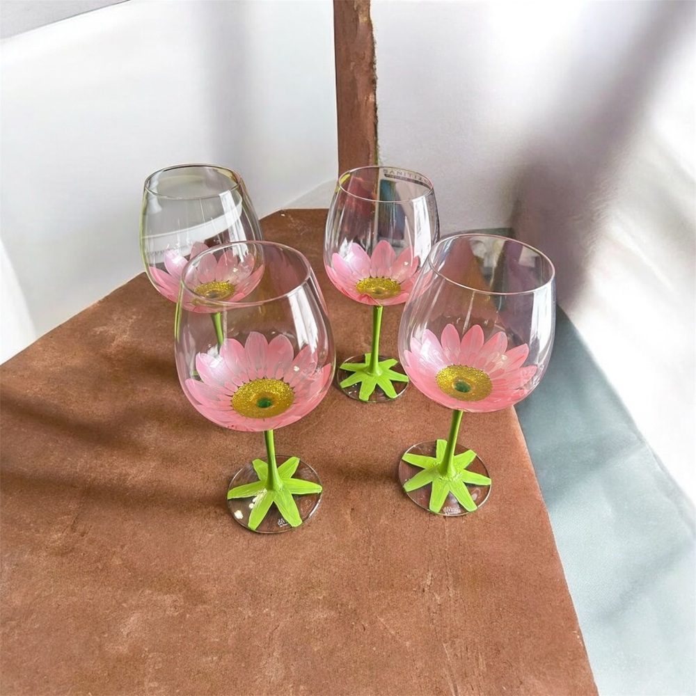 Hand Painted Floral Wine Glasses with Pink Petals Set of 4 9.5” Tall New
